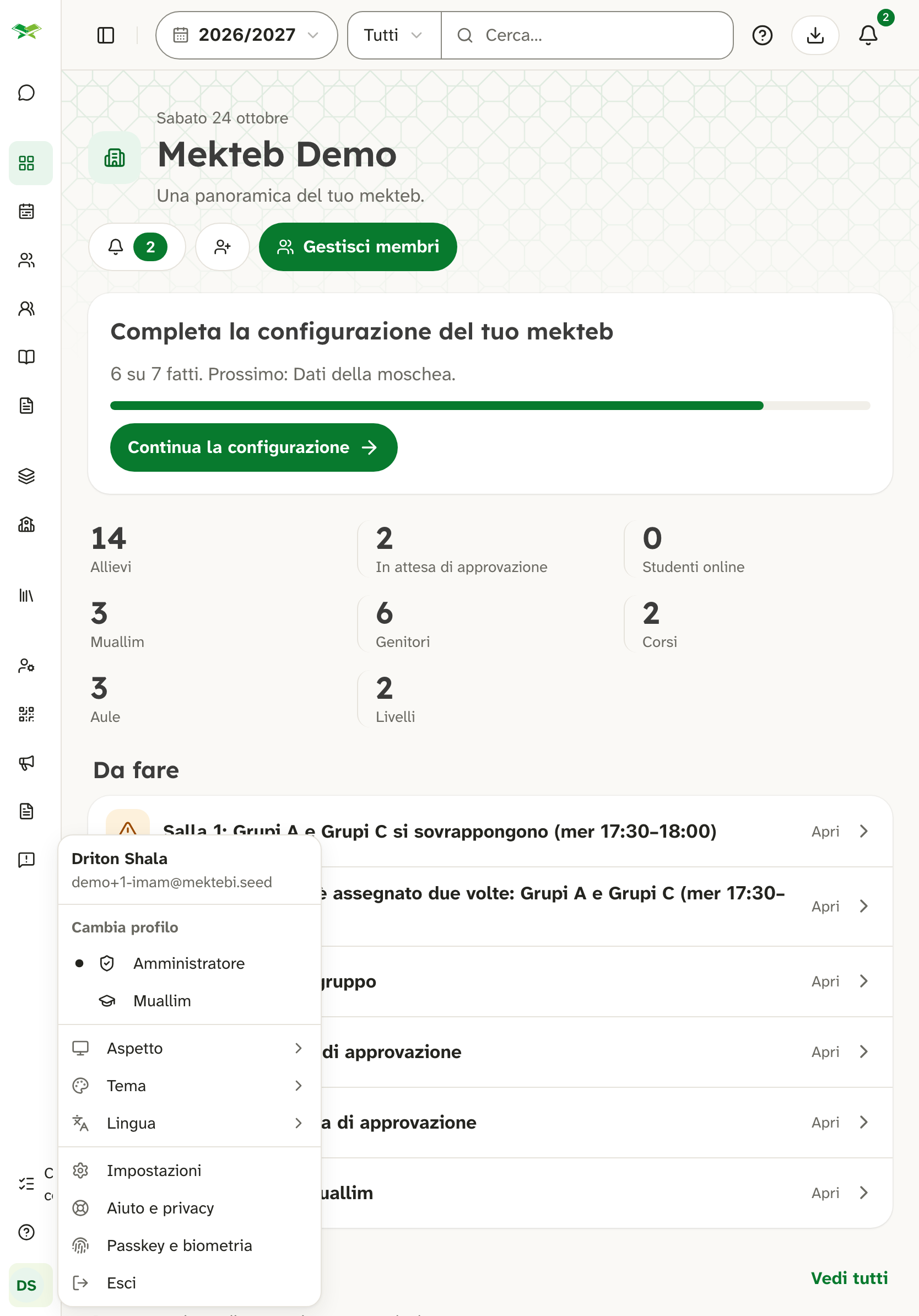 Menu del profilo di Driton Shala; «Cambia profilo» elenca Amministratore e Muallim, attuale Muallim.