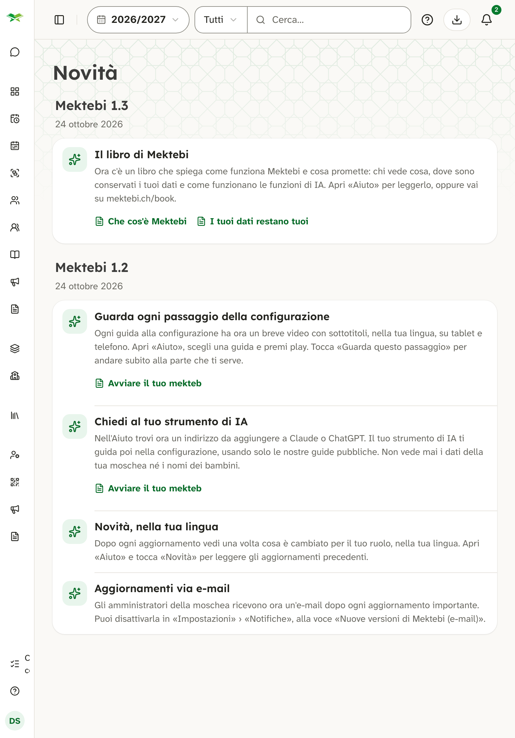 Pagina «Novità»: Mektebi 1.3 (Il libro di Mektebi) sopra Mektebi 1.2 con quattro aggiornamenti.