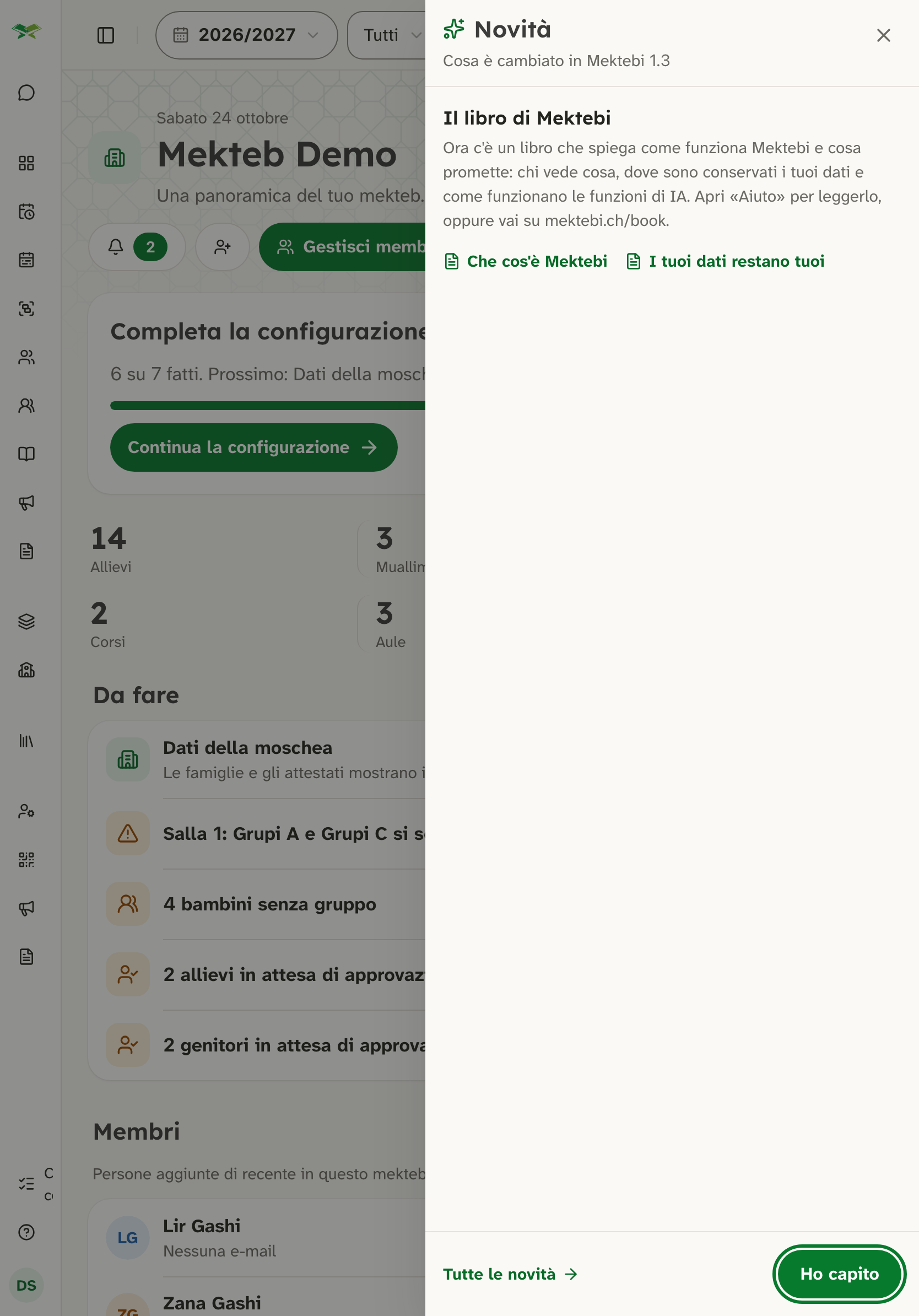 Pannello «Novità» sopra la pagina iniziale: «Cosa è cambiato in Mektebi 1.3» con Ho capito.